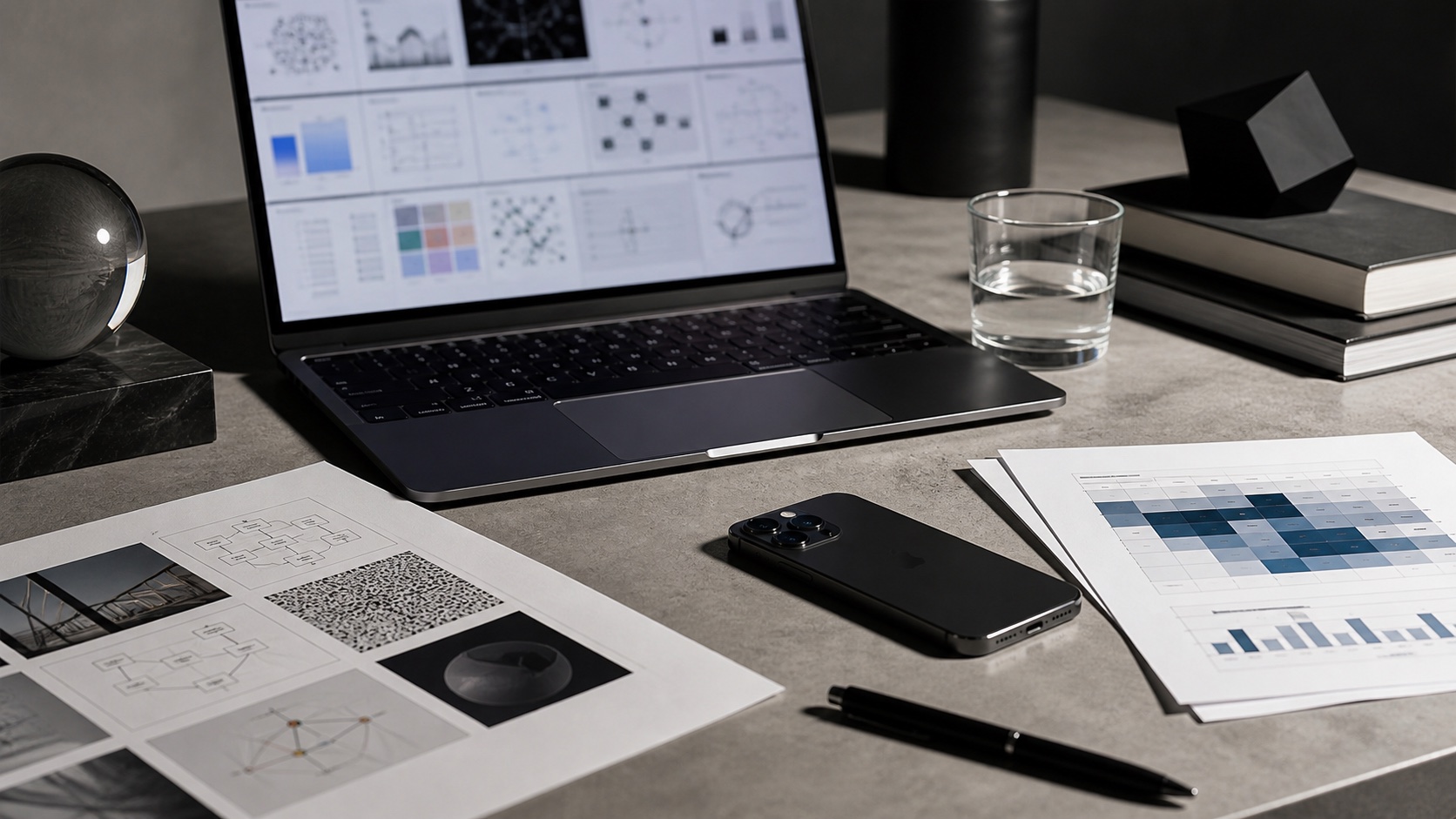 Editorial desk with phone, laptop, and evidence sheets for visual AI citation analysis