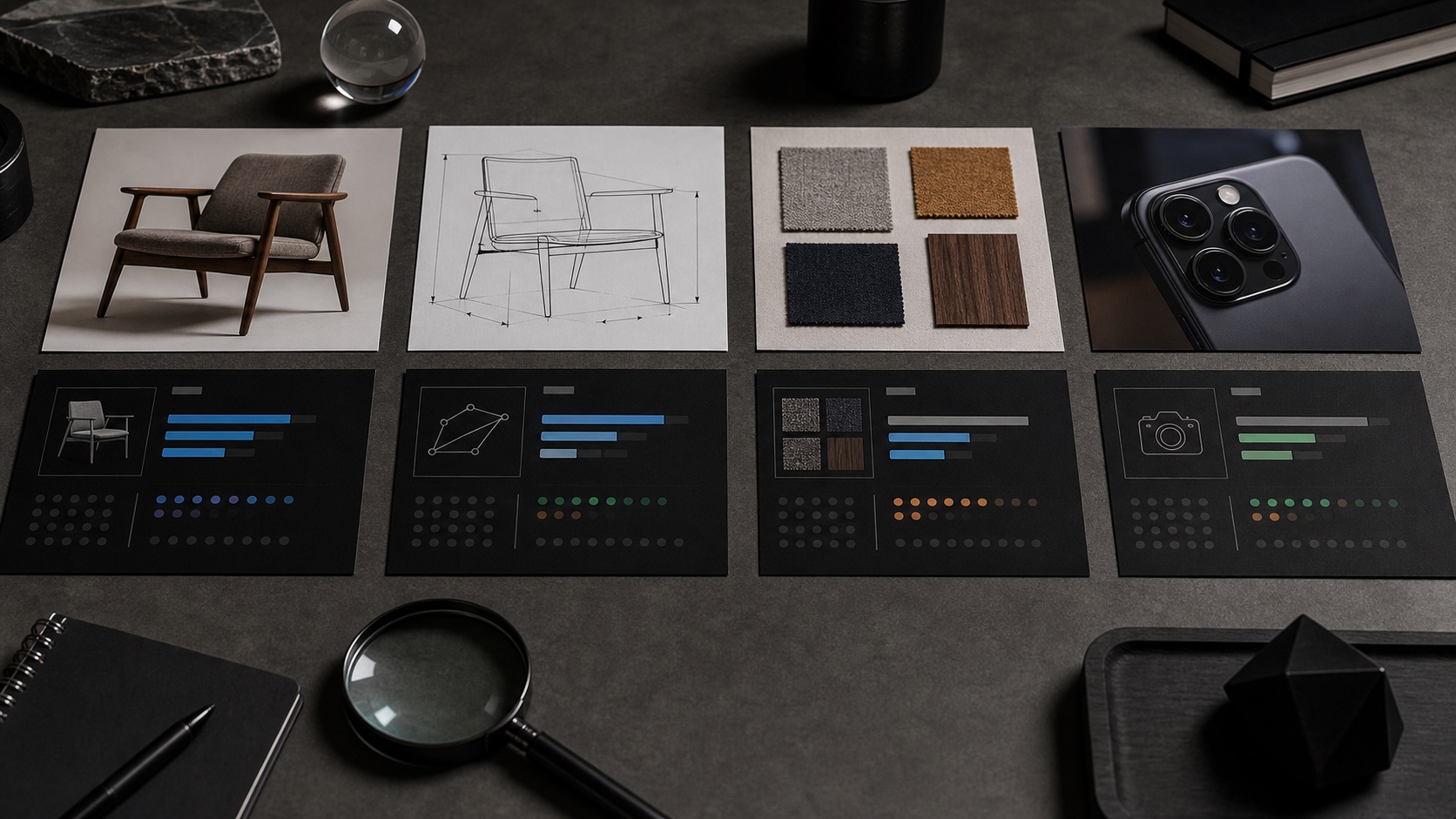 Visual AI task comparison table with camera, materials, diagrams, and product evidence cards