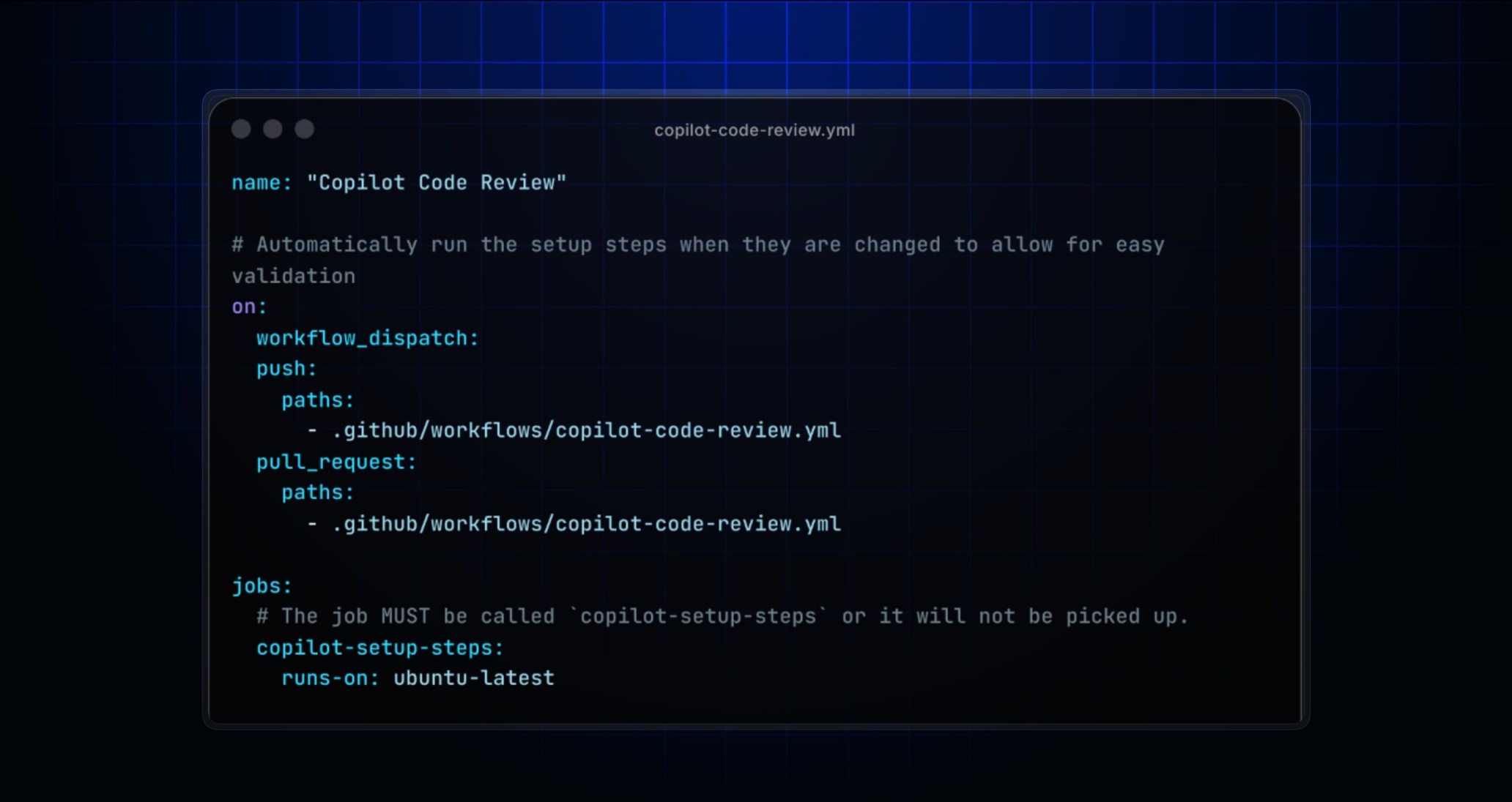 Official GitHub screenshot of a Copilot code review setup file