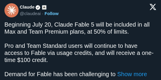 Official Claude account post announcing expanded Fable 5 plan access