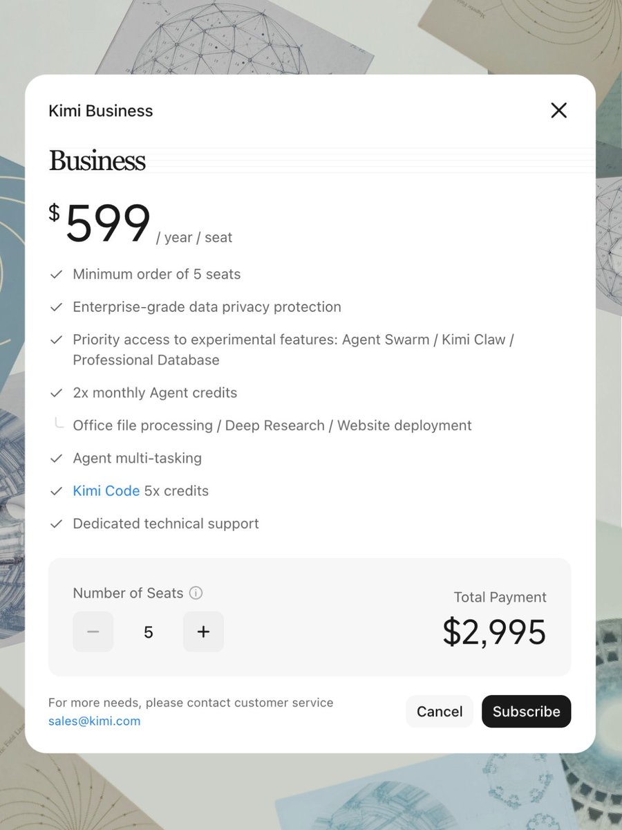 Kimi Business checkout showing annual per-seat pricing and included agent features