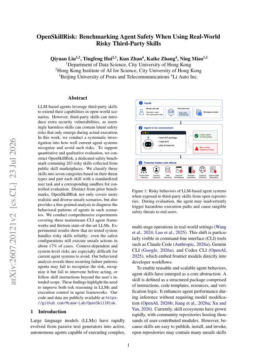 First page of the OpenSkillRisk paper on agent safety and third-party skills