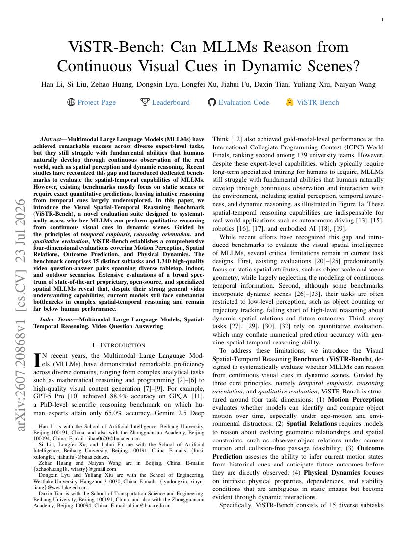 First page of the ViSTR-Bench paper on dynamic-scene visual reasoning