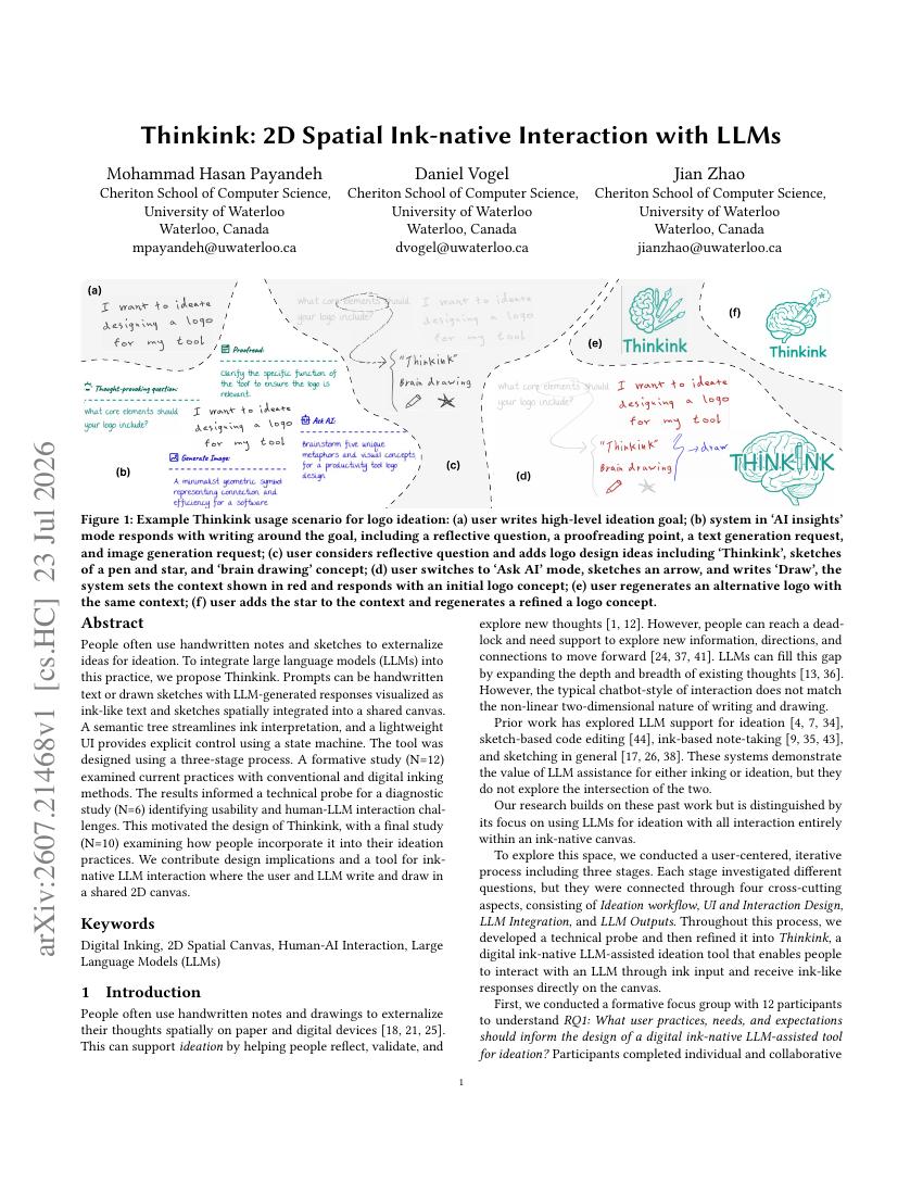 First page of the Thinkink paper on 2D spatial ink interaction with language models