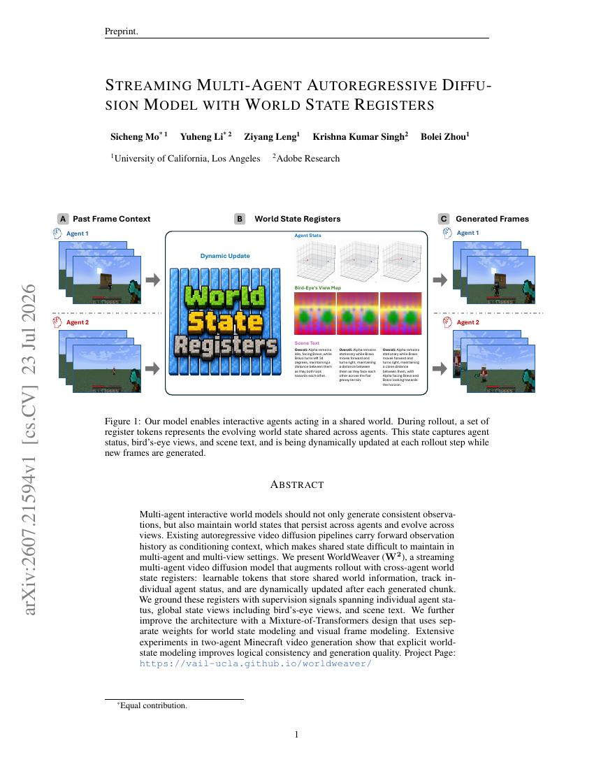 First page of the WorldWeaver paper on multi-agent video world states