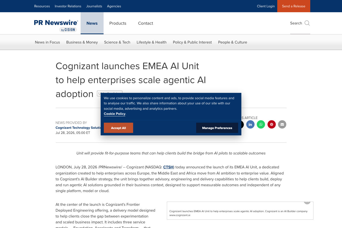 Cognizant announcement page for its EMEA AI Unit