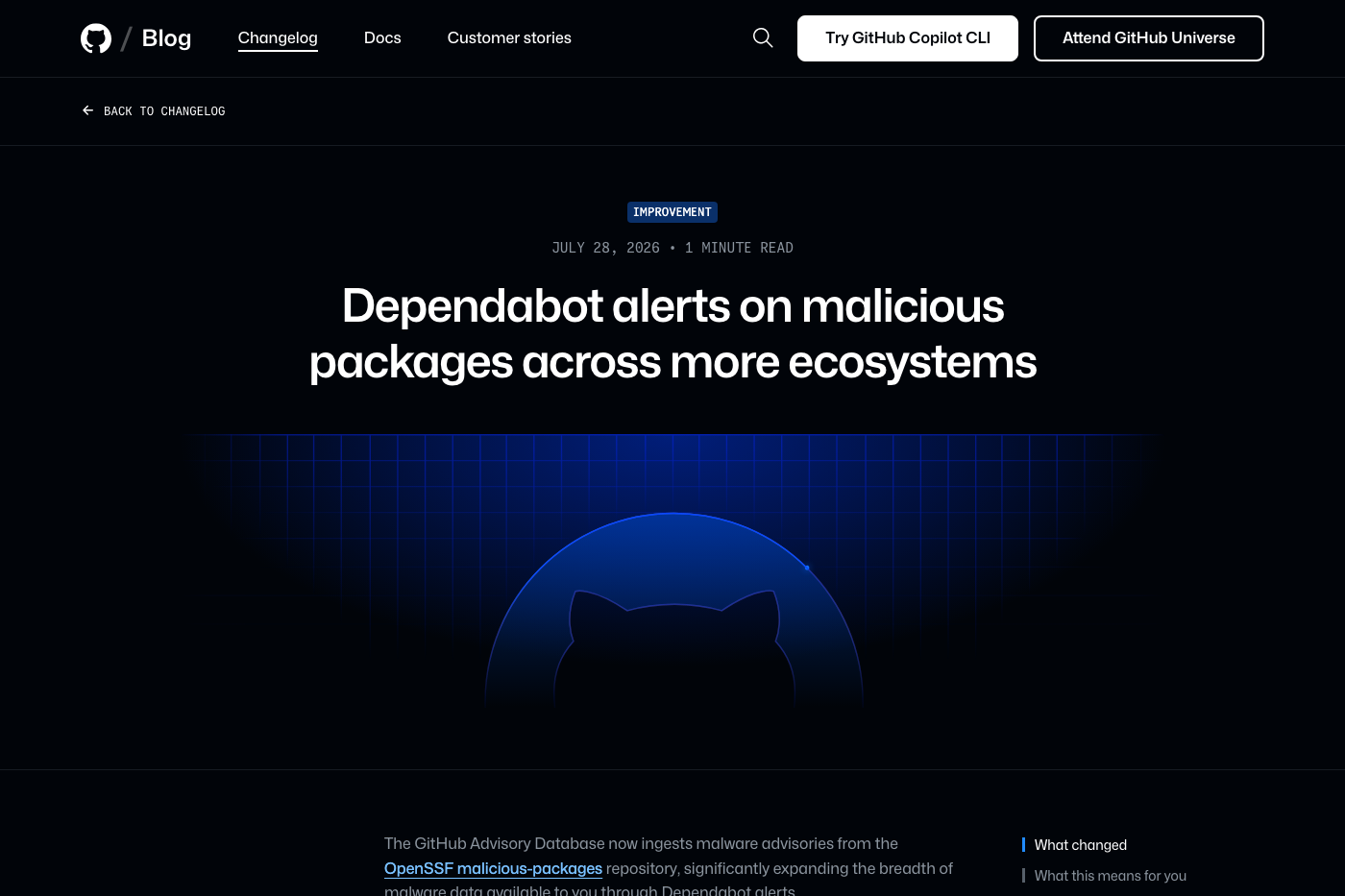 GitHub Changelog page about Dependabot malware alerts