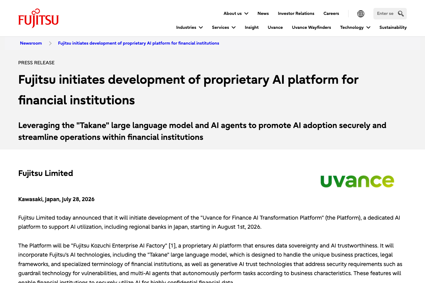 Fujitsu press-release page for its finance AI platform