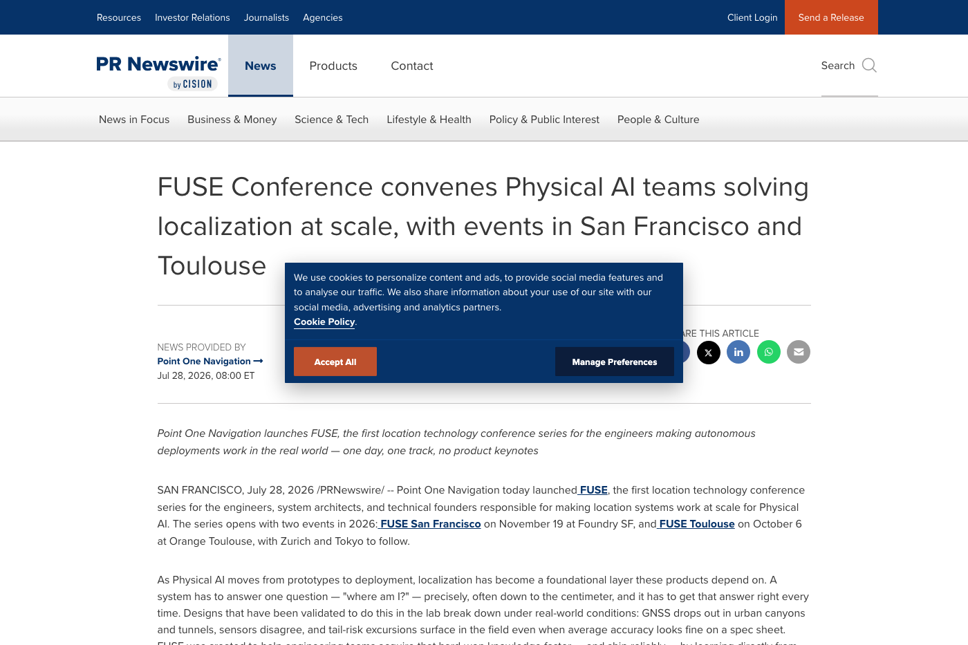 Point One Navigation FUSE conference announcement page