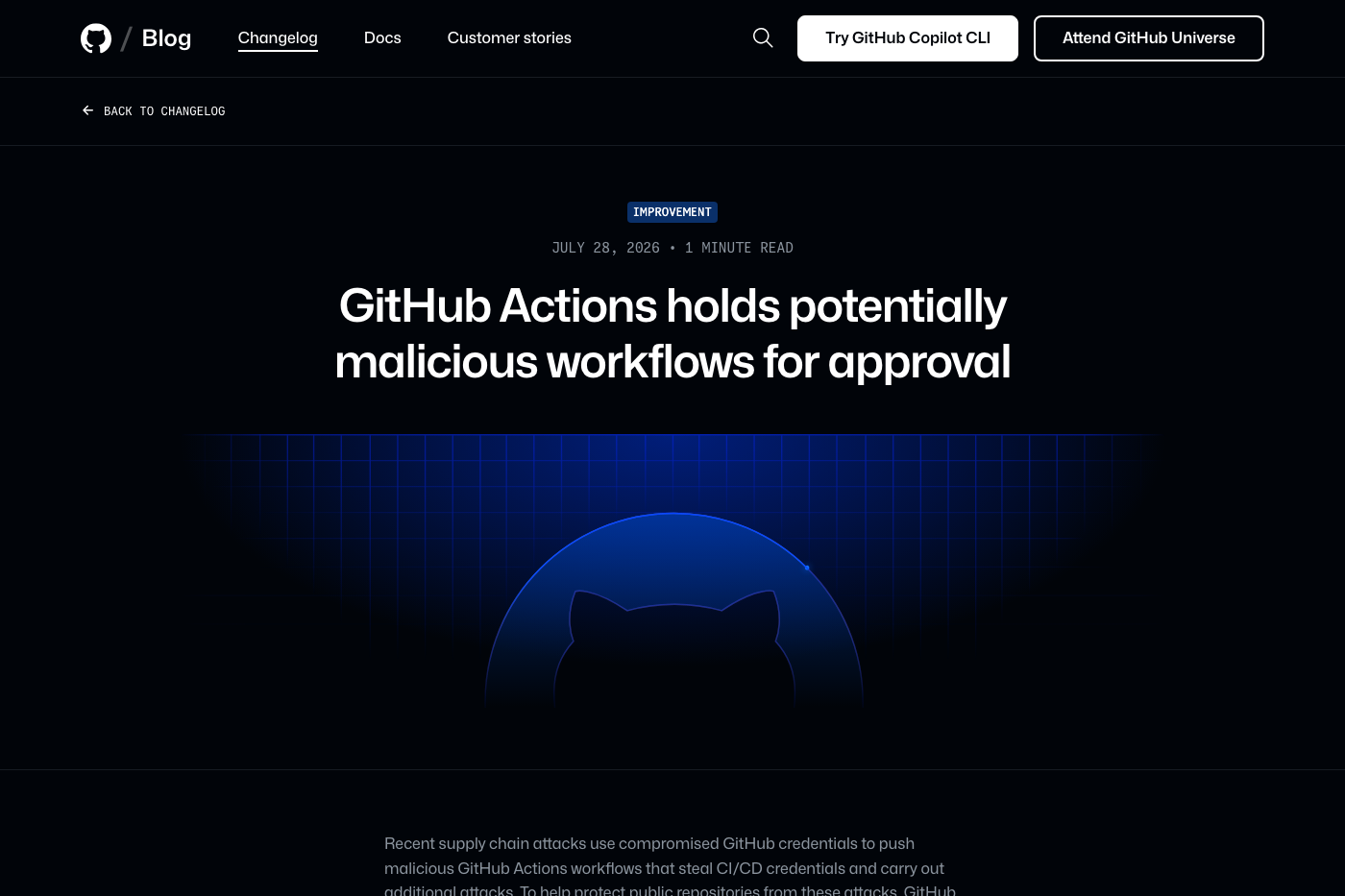 GitHub Changelog page about Actions workflow approval holds