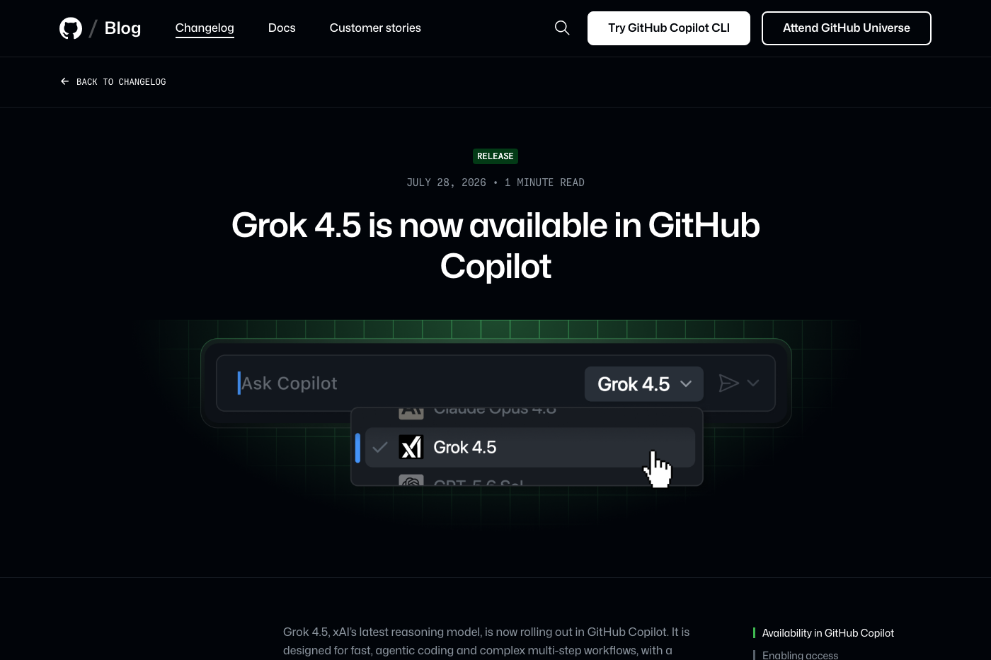GitHub Changelog page announcing Grok 4.5 in Copilot