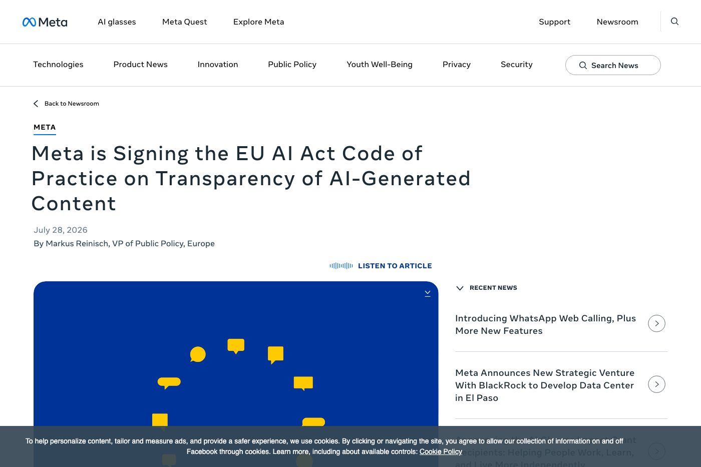 Meta newsroom page announcing its EU AI Act transparency-code signature