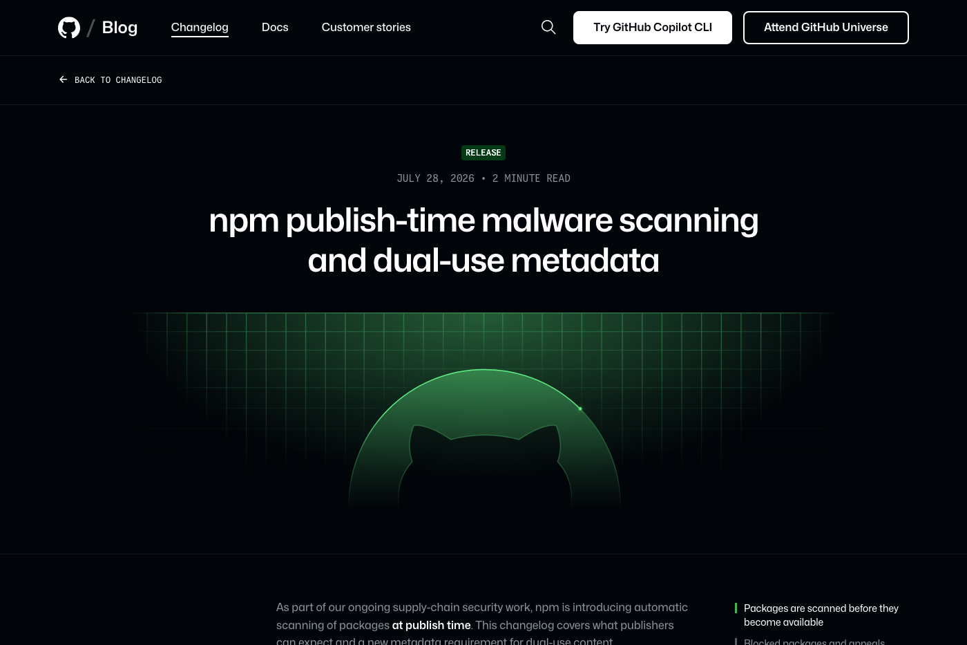 GitHub Changelog page about npm publish-time malware scanning