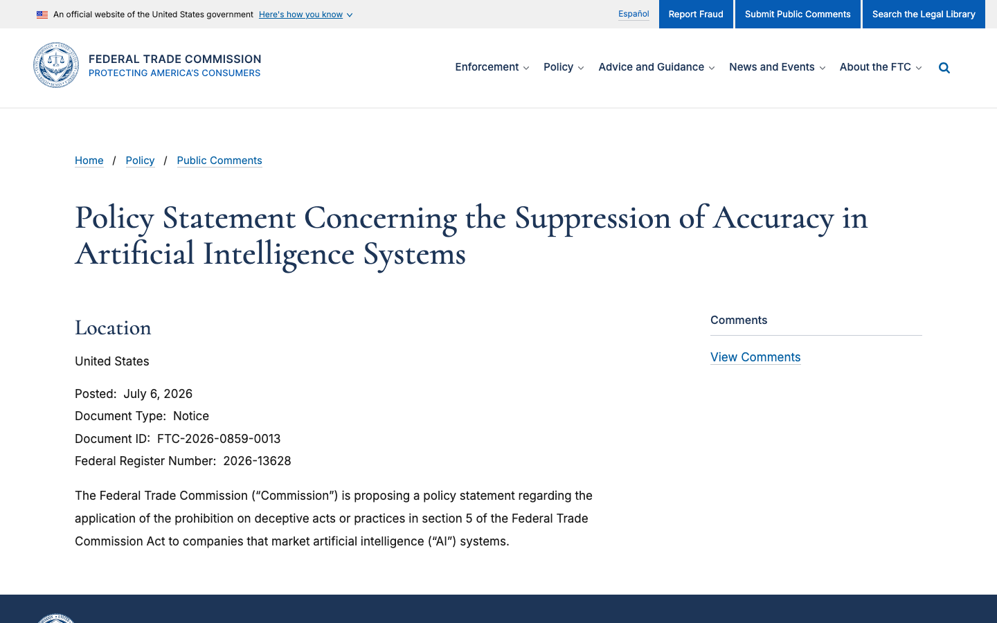 Federal Trade Commission logo used for coverage of the AI accuracy policy comment deadline