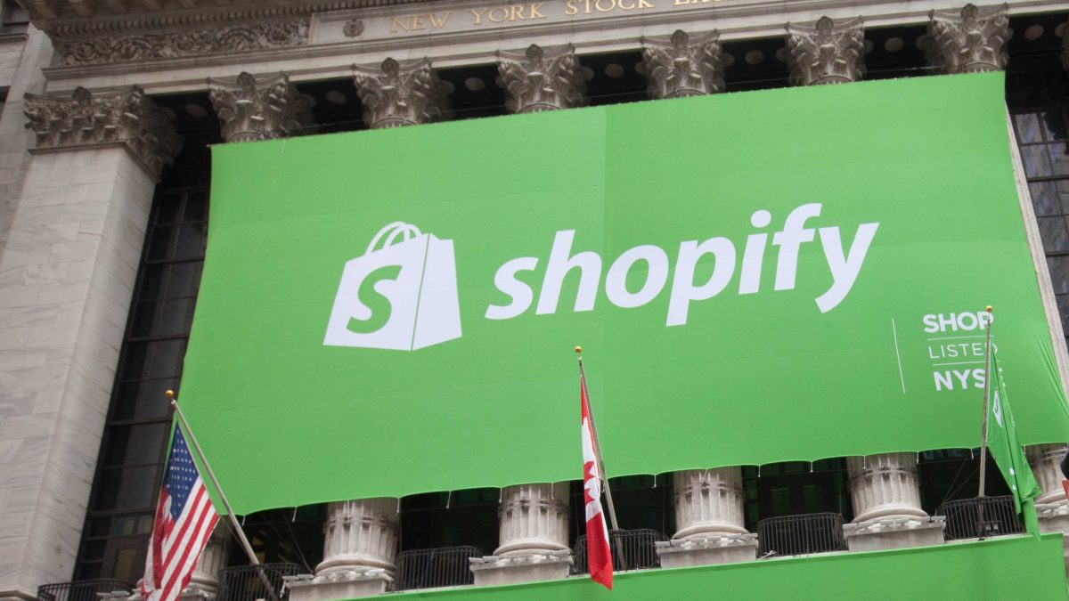 Shopify banner at the New York Stock Exchange used in the report on AI search traffic