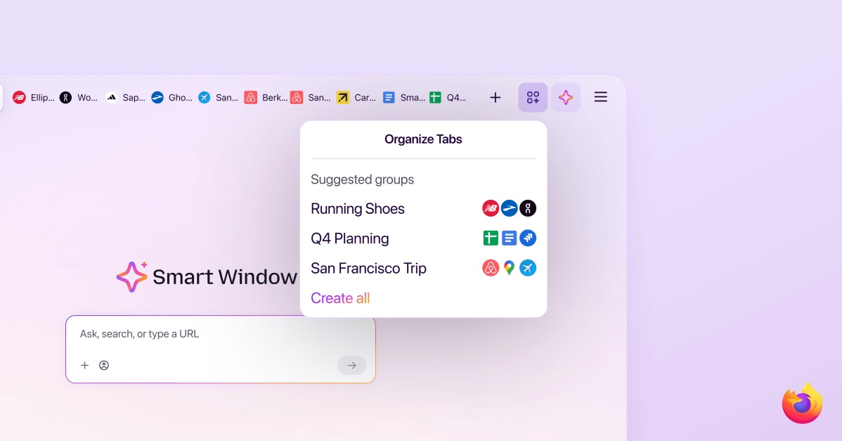 Firefox Smart Window interface organizing browser tabs into suggested groups