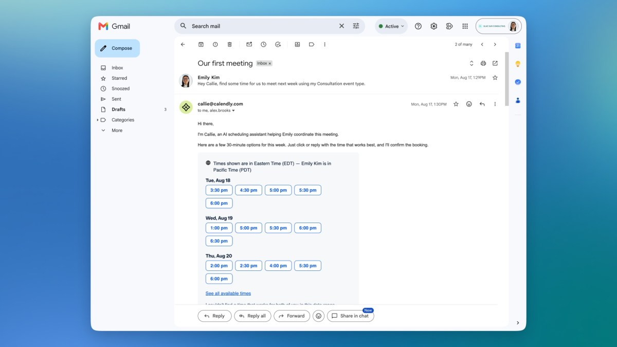 Calendly Callie email assistant interface shown in a product demonstration