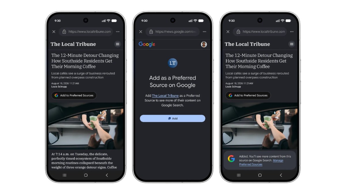 Google Preferred Sources button shown on mobile publisher pages