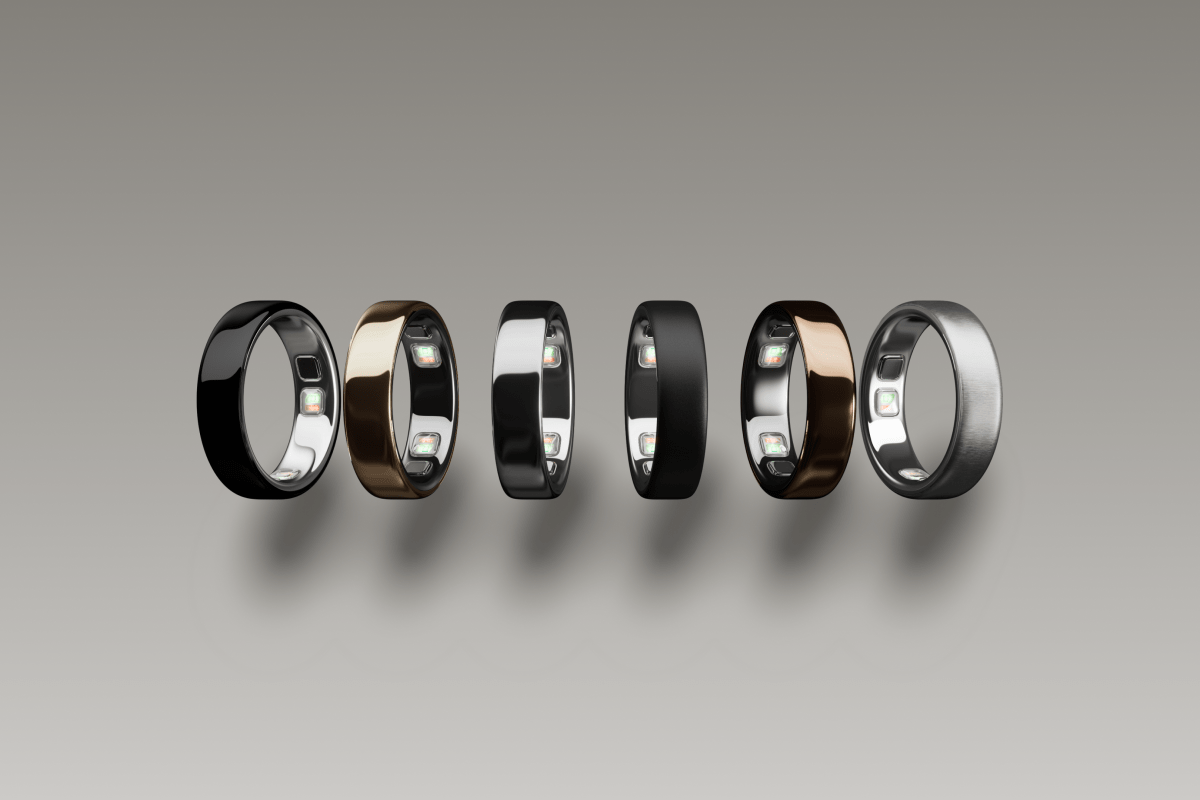 Six Oura smart rings shown in an official product image