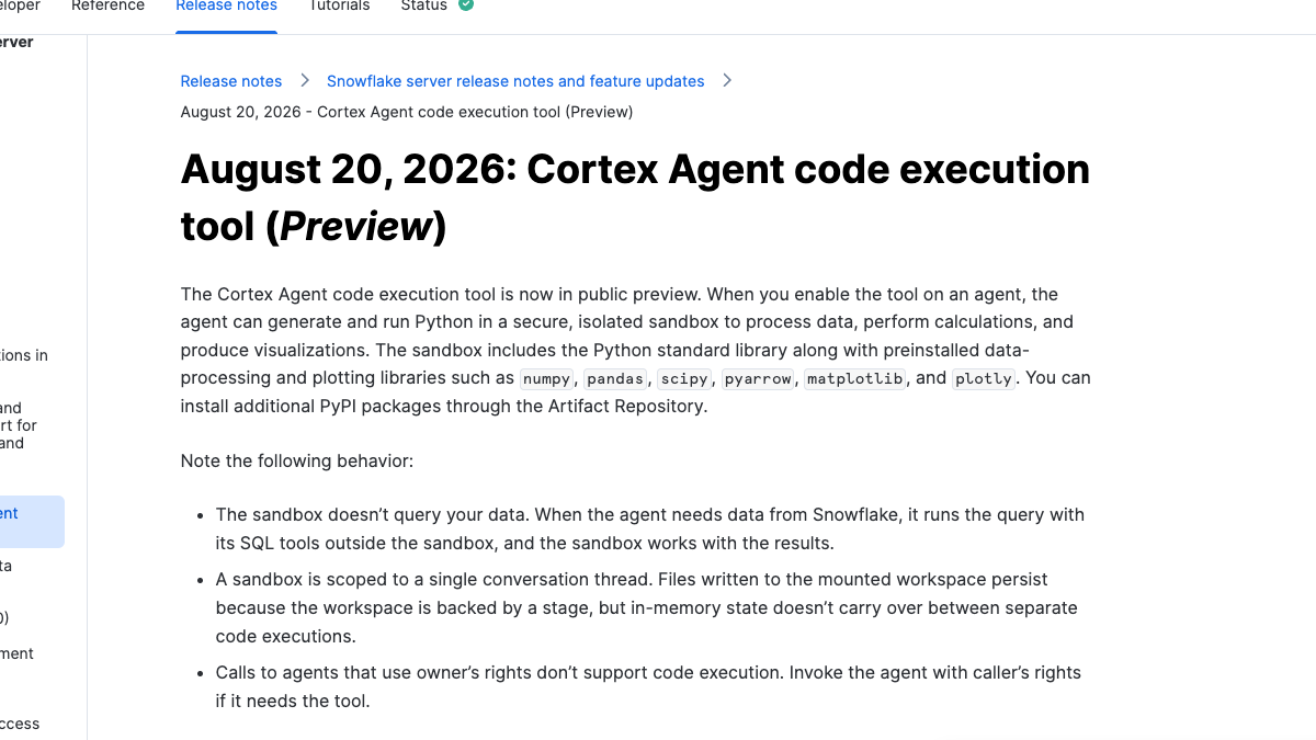 Snowflake documentation for the Cortex Agent code execution preview