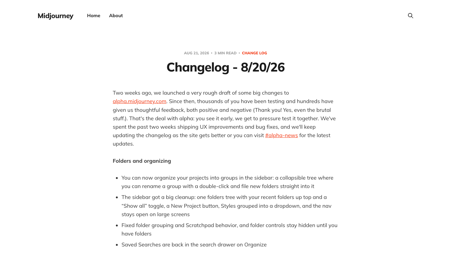 Midjourney changelog listing alpha fixes for settings, image references, and editing controls