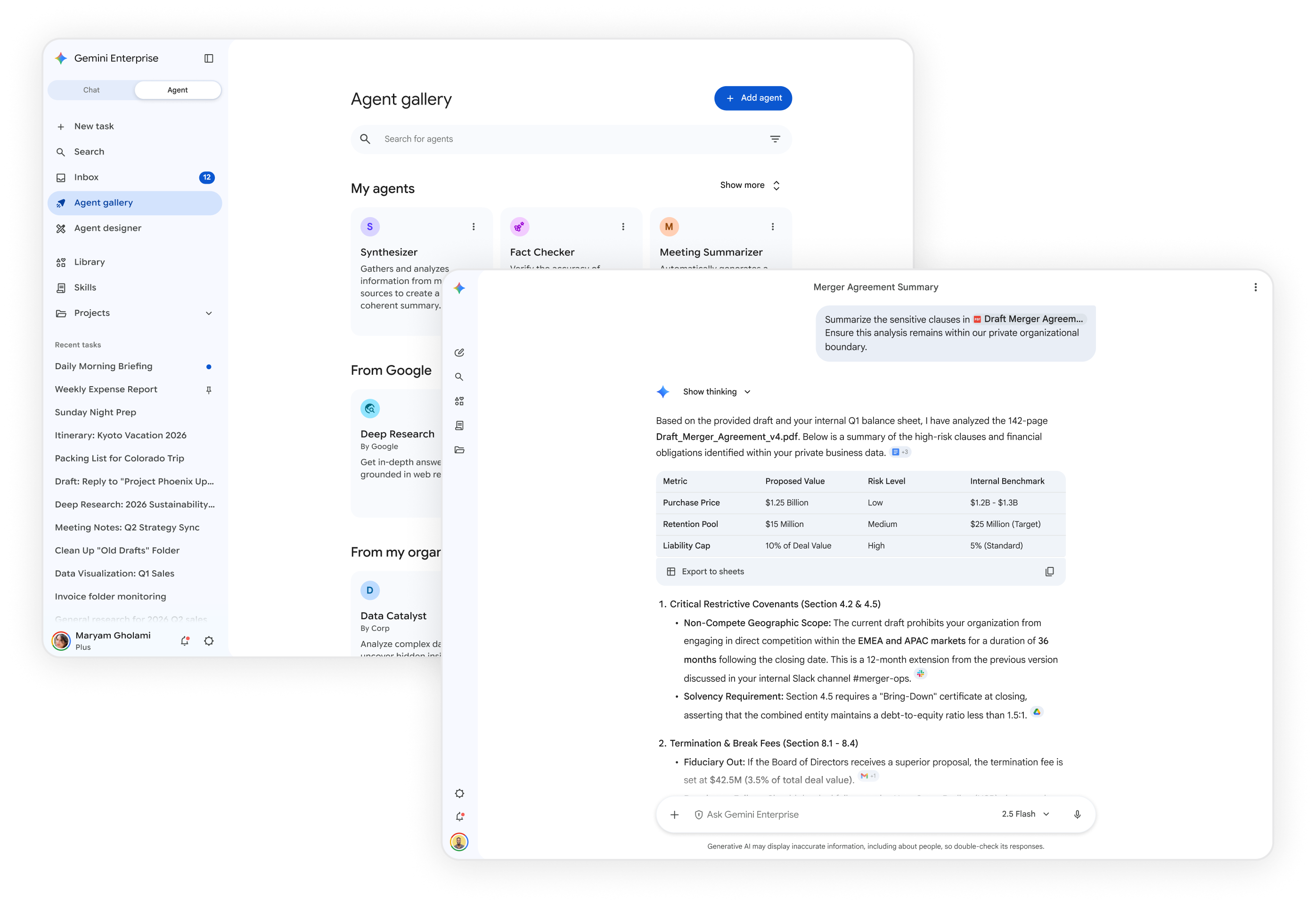 Google Cloud Gemini Enterprise product interface showing an enterprise AI agent platform