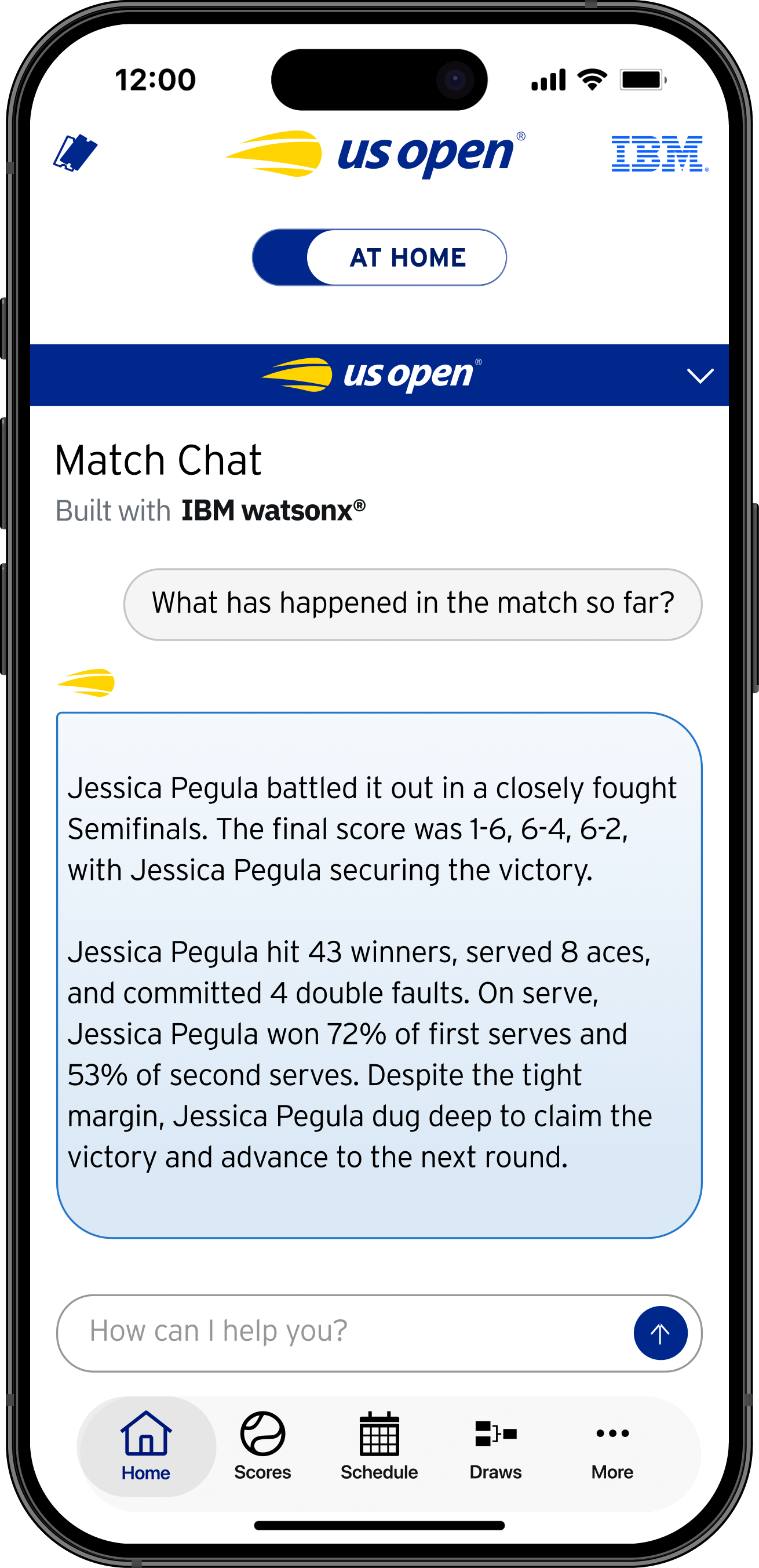 IBM Match Chat interface for the 2026 US Open showing match information on a phone