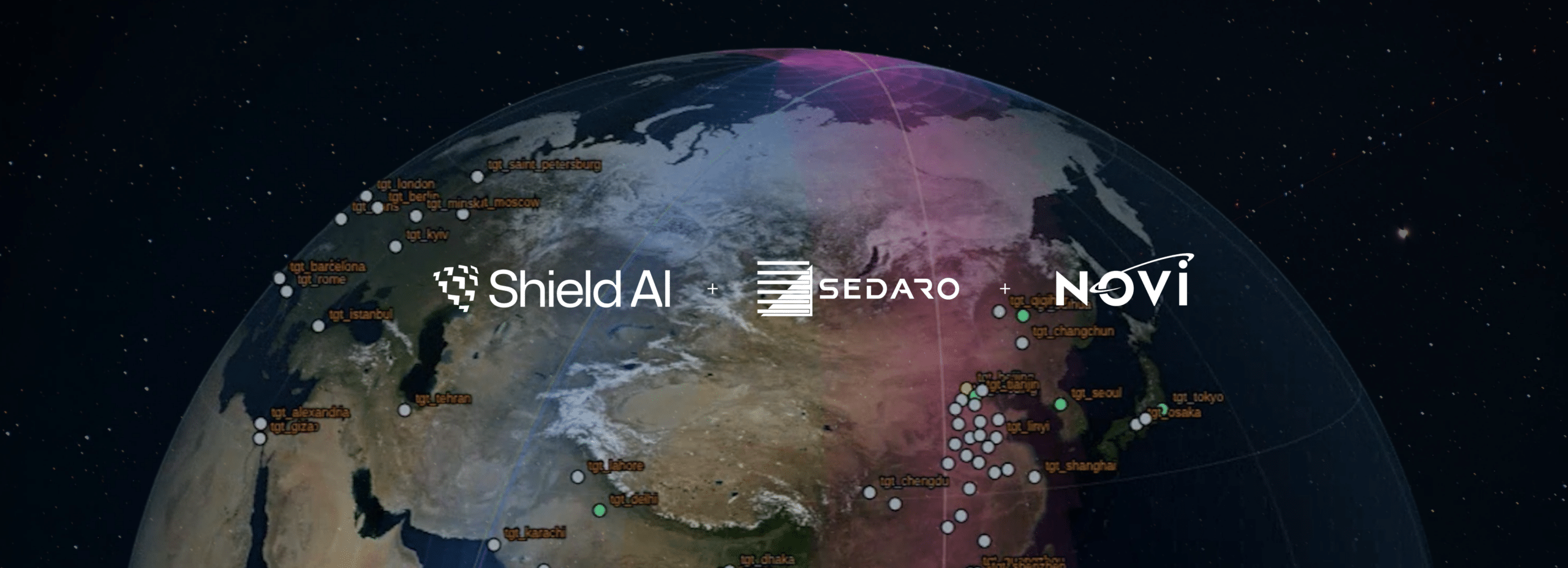 Shield AI, Sedaro, and NOVI graphic for an on-orbit satellite autonomy demonstration