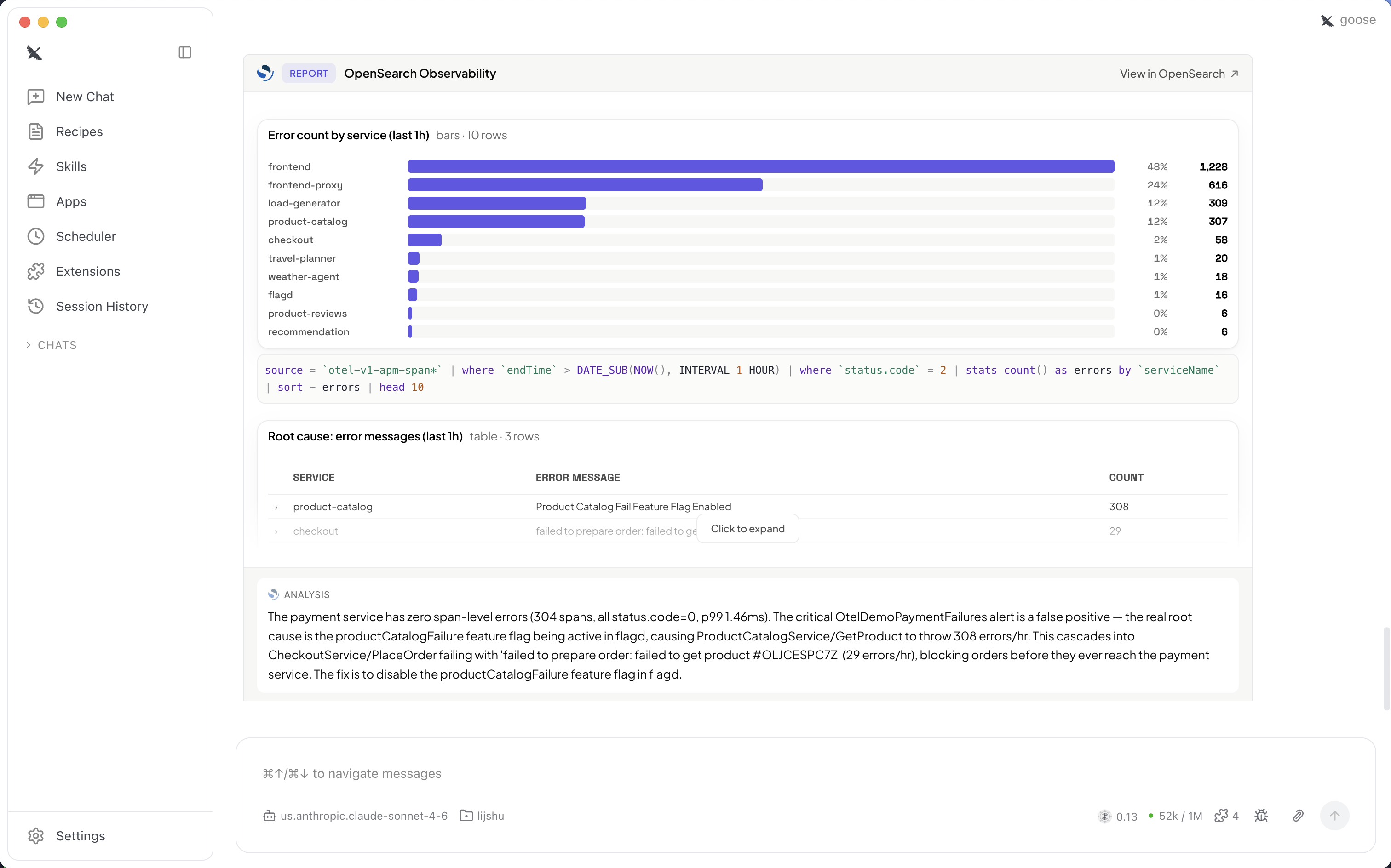 OpenSearch MCP App showing service error counts, the underlying query, and a root-cause analysis inside an agentic IDE