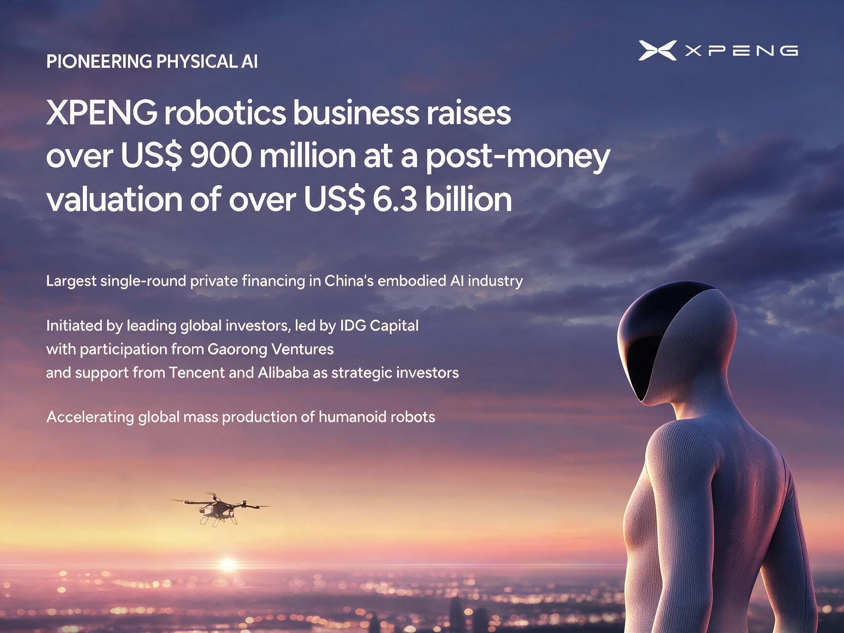 XPENG funding announcement graphic showing the IRON humanoid robot and financing terms
