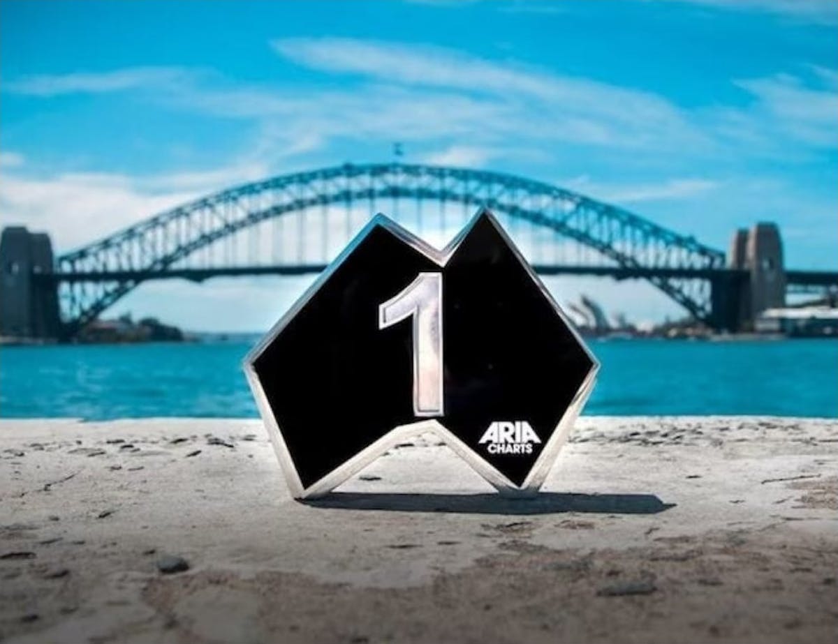 Black ARIA number one award in front of Sydney Harbour Bridge