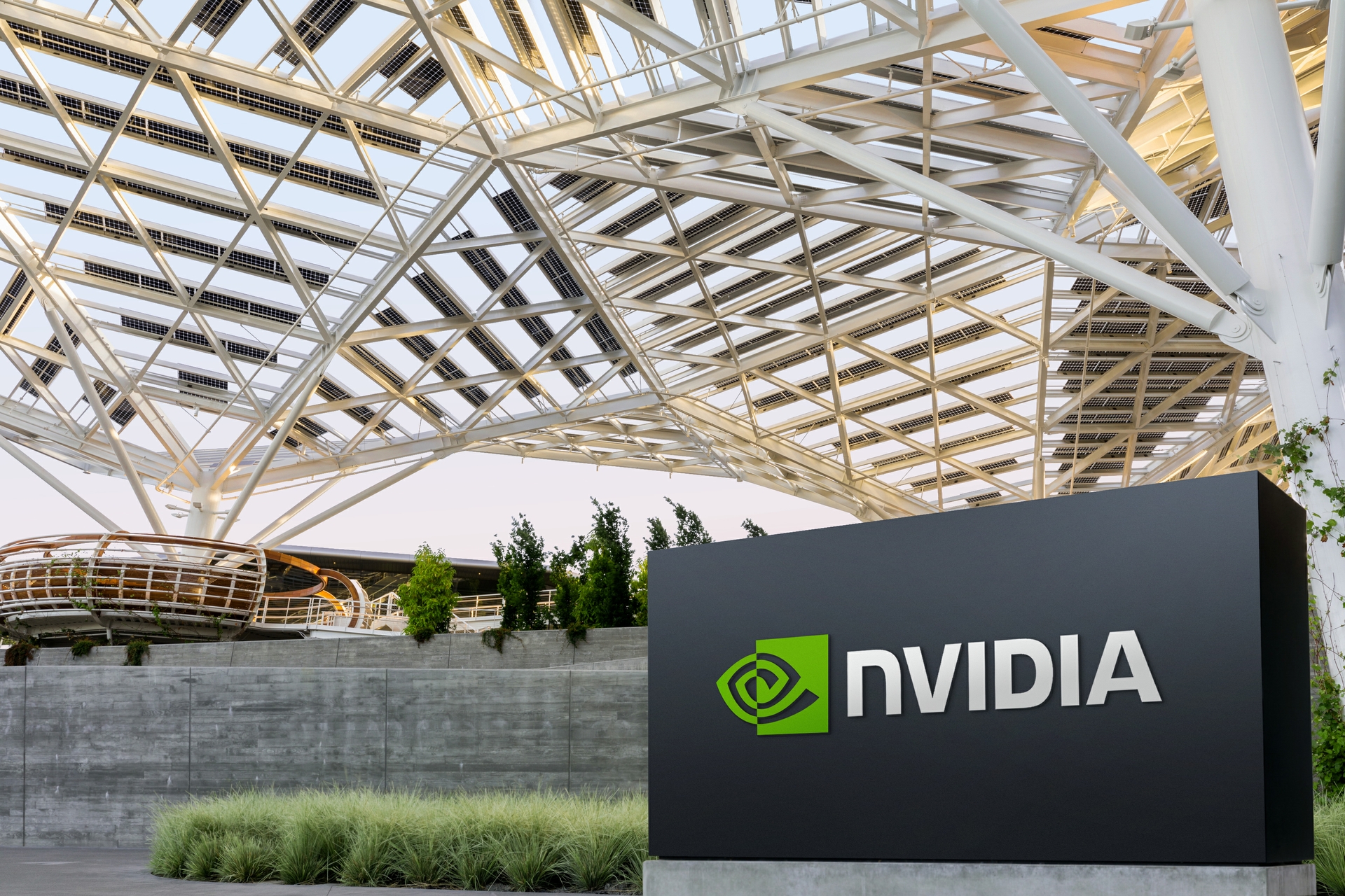 NVIDIA sign outside a data center building