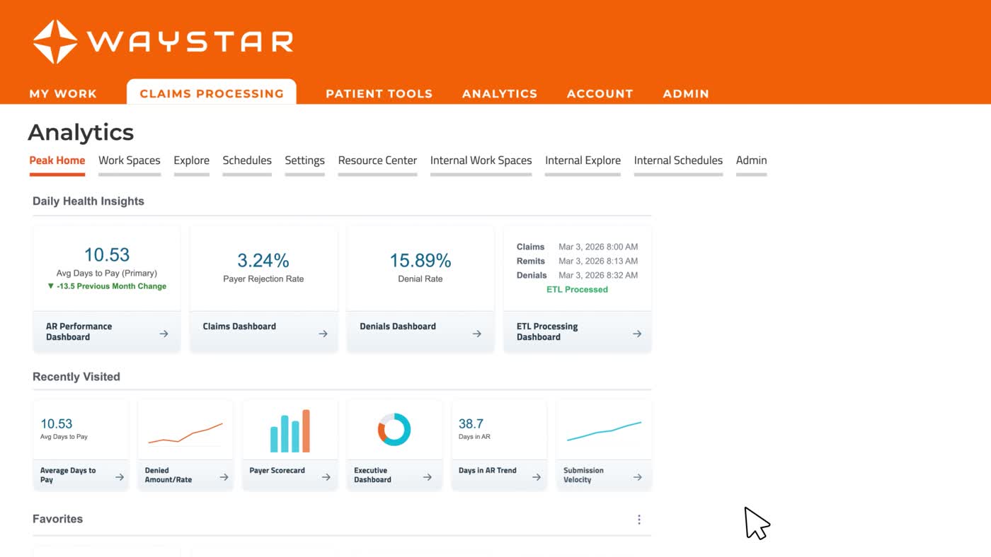 Waystar analytics interface shown in its official product demonstration video