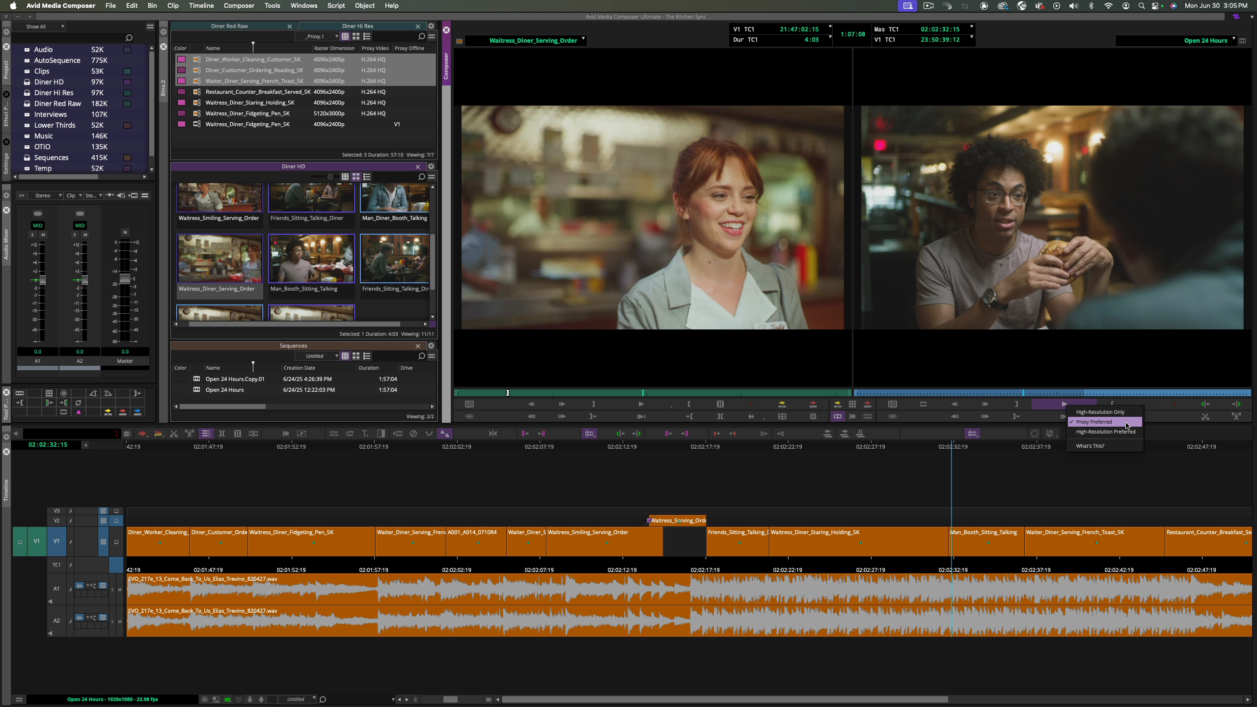 Avid Media Composer professional editing interface with bins, preview, and timeline