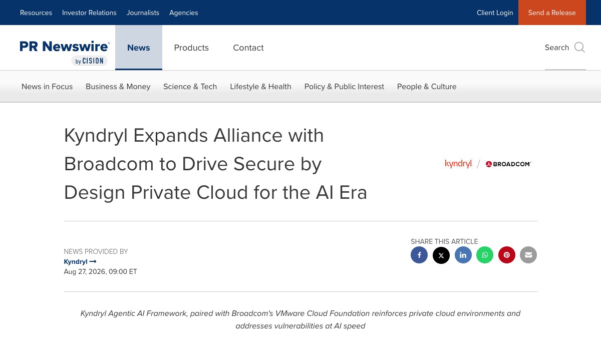 Kyndryl and Broadcom private-cloud alliance announcement on PR Newswire