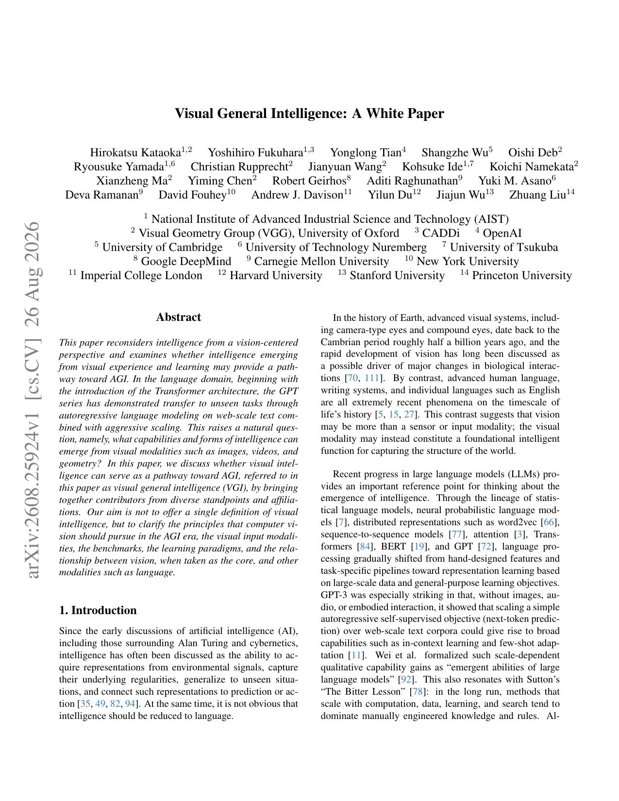 First page of the Visual General Intelligence white paper