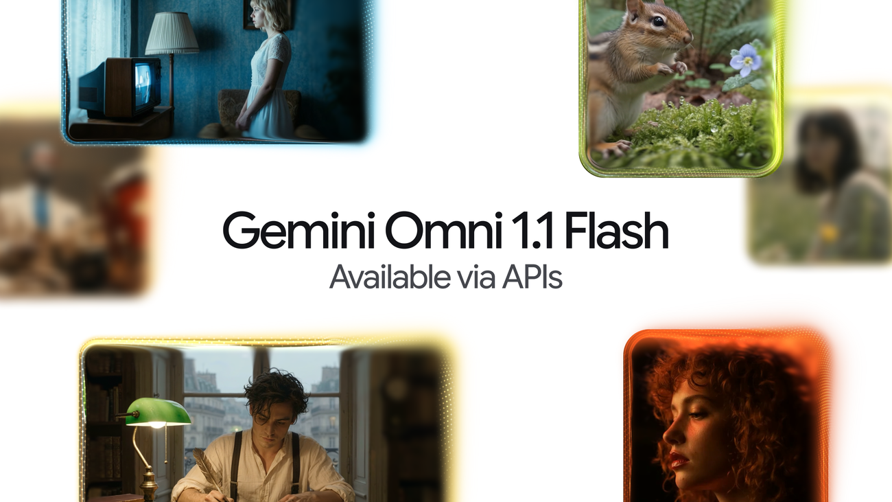 Google Gemini Omni 1.1 Flash developer release artwork with generated video scenes