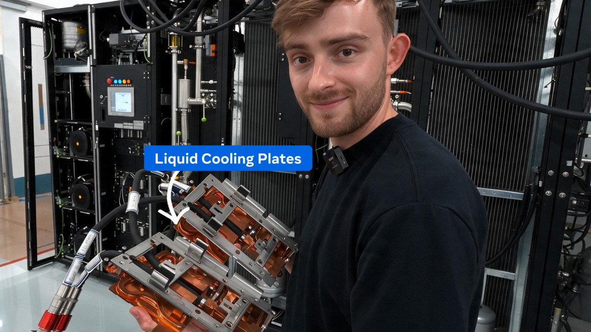 Meta infrastructure presenter holding direct-to-chip liquid cooling plates