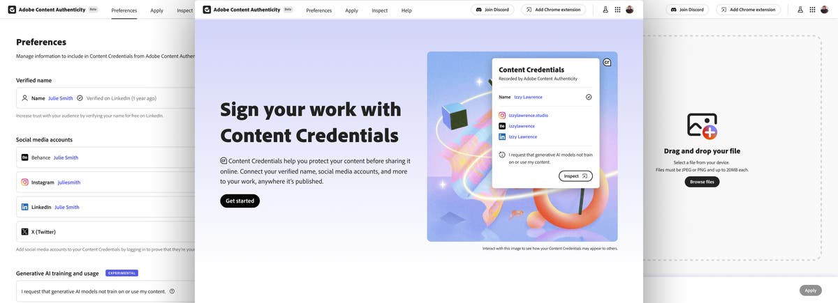 Adobe Content Authenticity interface for applying and inspecting Content Credentials