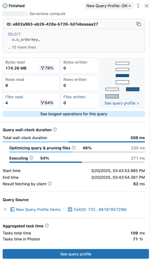 Databricks query history details interface