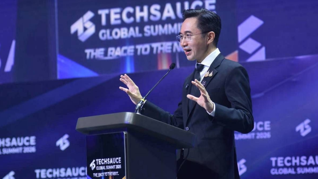 Thailand minister Yodchanan Wongsawat speaking at the OpenAI accelerator launch during Techsauce Global Summit
