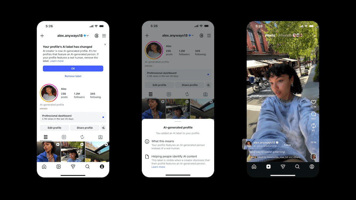 Instagram screens showing the AI-generated profile notice, profile label, and content disclosure