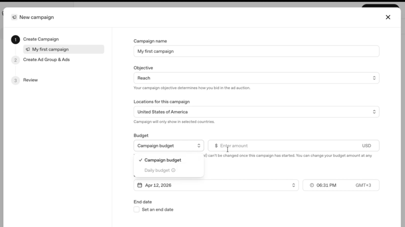 ChatGPT Ads Manager campaign creation interface with objective, location, budget, and schedule controls