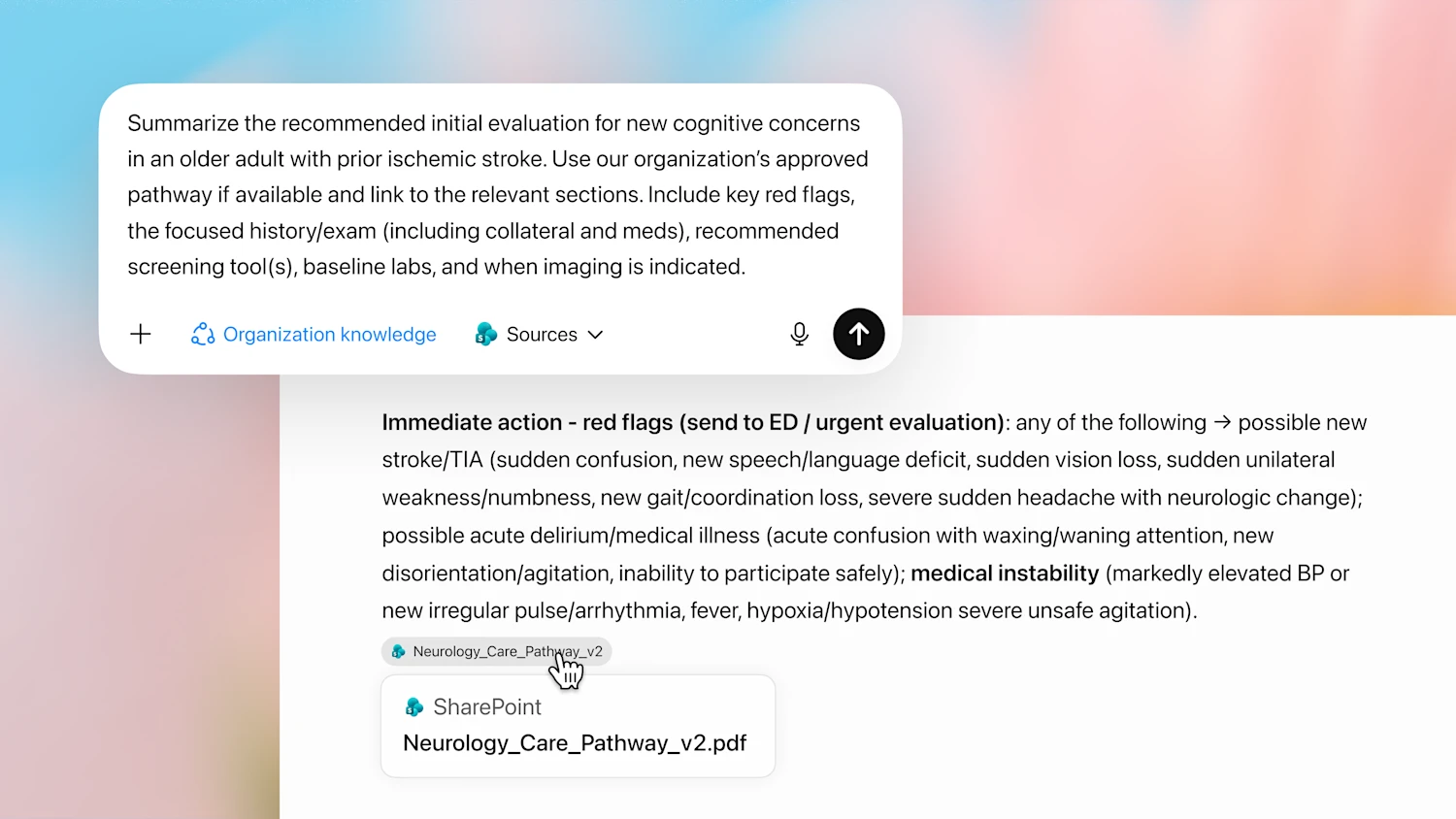 OpenAI healthcare interface showing a clinical question grounded in an approved care pathway