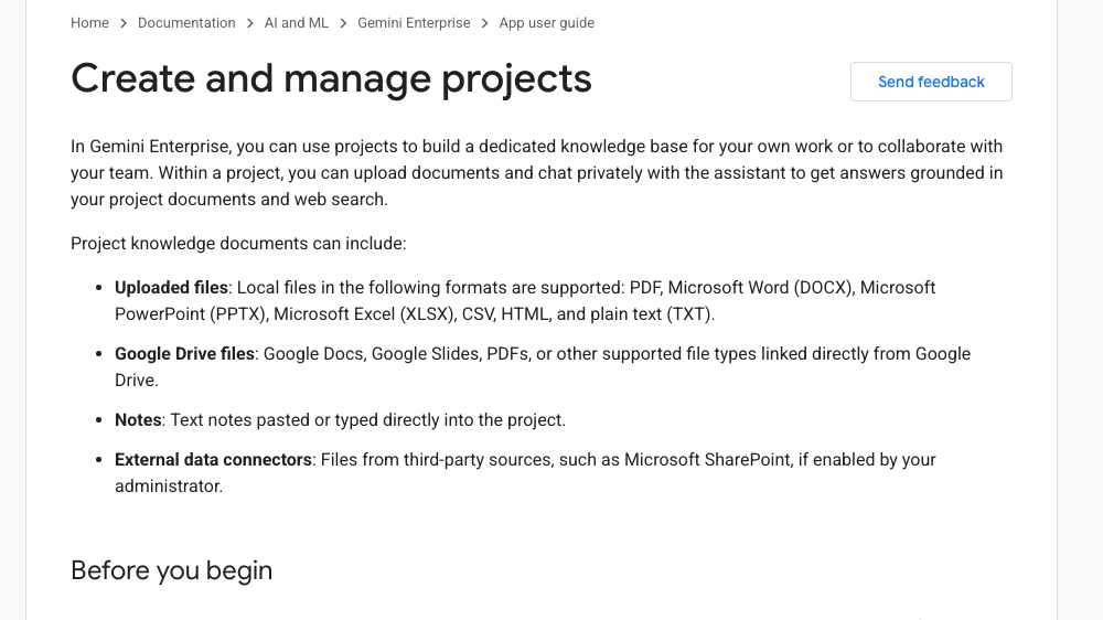 Google Cloud documentation page titled Create and manage projects for Gemini Enterprise