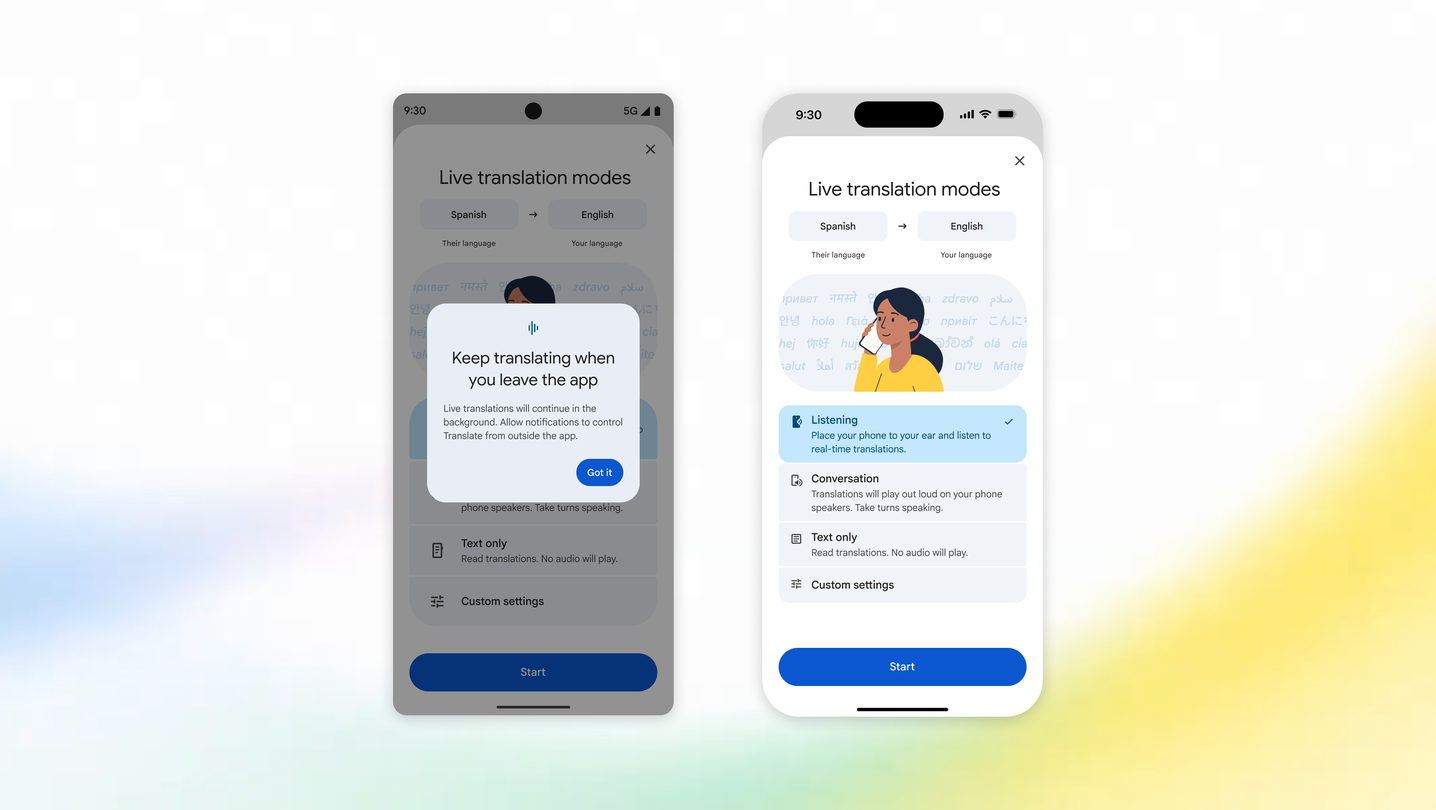 Google Translate Android and iOS screens showing background and earpiece live translation features