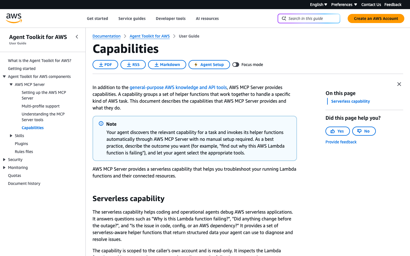 AWS Agent Toolkit documentation showing the MCP Server's serverless diagnostic capability