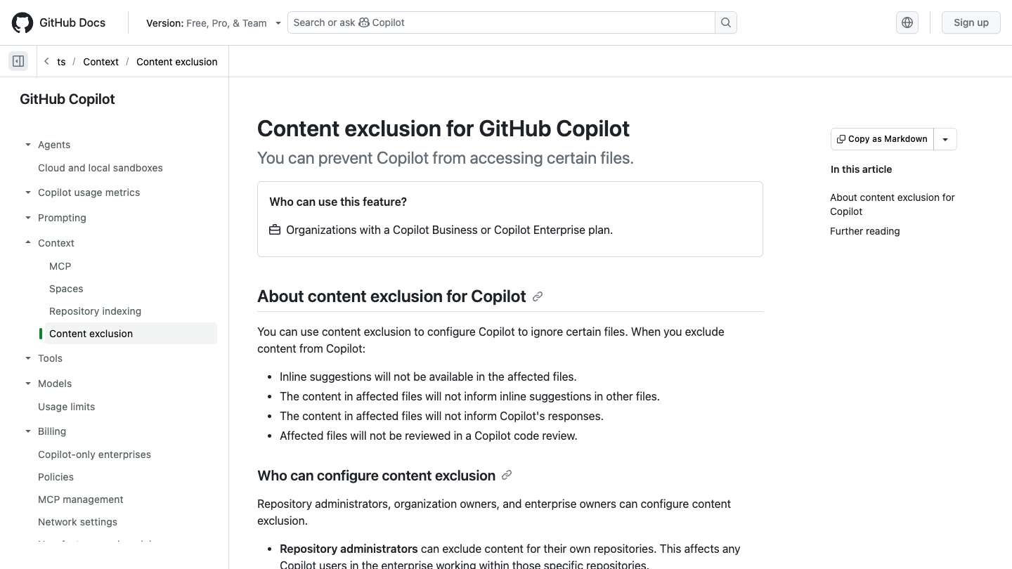 GitHub documentation explaining content exclusion for GitHub Copilot
