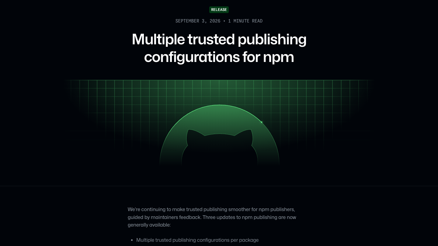 GitHub changelog page describing multiple trusted publishing configurations for npm
