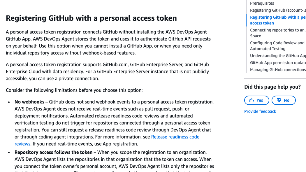 AWS DevOps Agent documentation section on registering GitHub with a personal access token